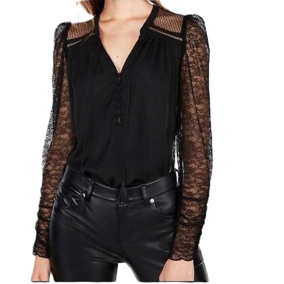 Express Black Floral Lace Polka Dot Mesh Inset Top 4 Whimsigoth Dark Romantic - Picture 1 of 12